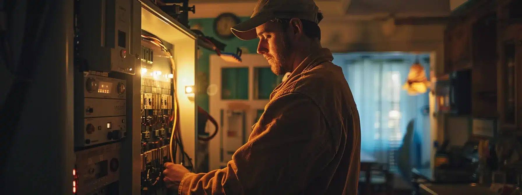 Blog 9 a skilled electrician carefully inspecting a circuit breaker panel in a well-lit lancaster ohio home.